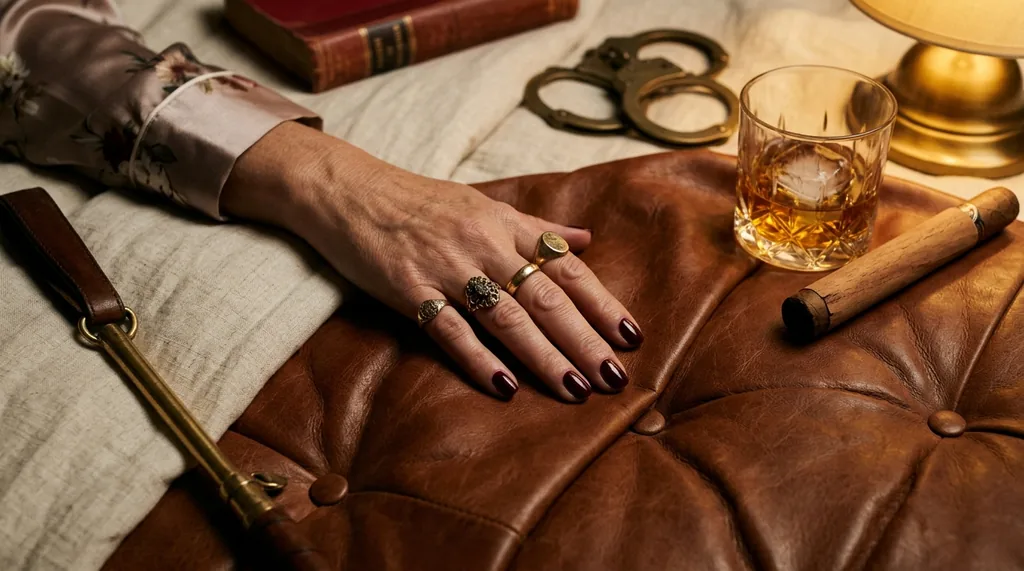 Main féminine sur cuir cognac et crème — tel rose SM dominatrice Aline Tours