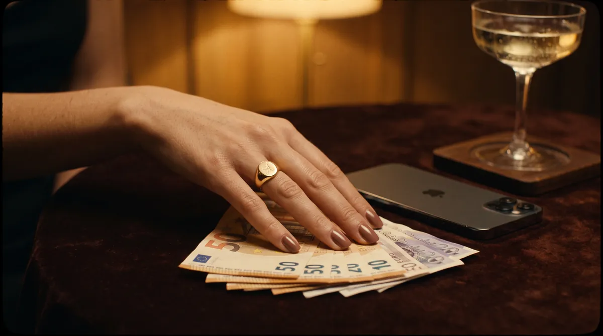 Portefeuille en cuir cognac ouvert sur une table sombre, symbole de la domination financière findom