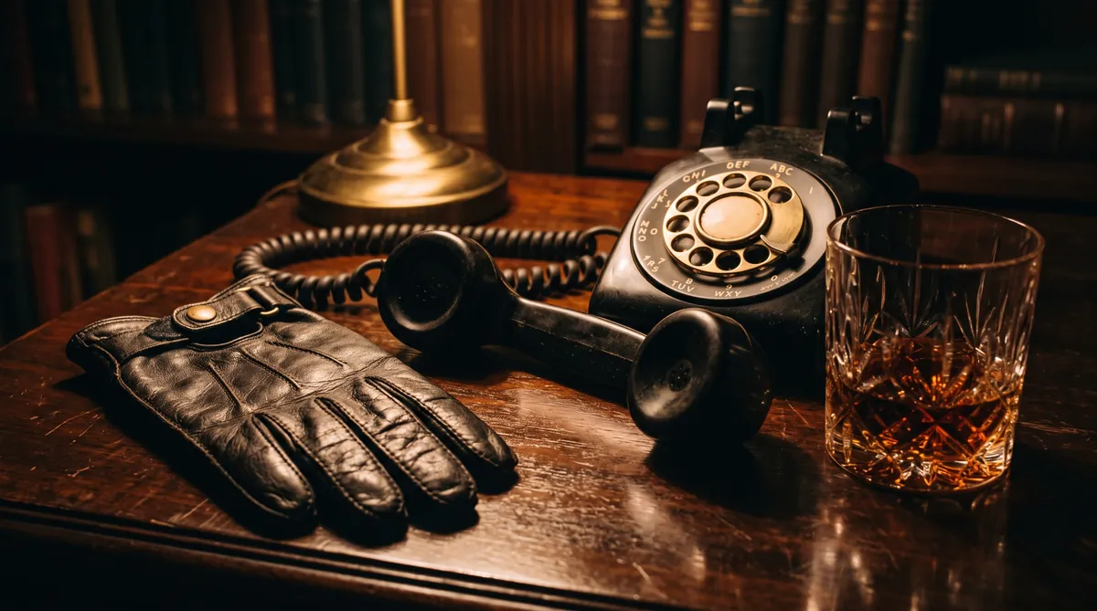 Gant de cuir, téléphone ancien et verre de cognac dans une lumière tamisée
