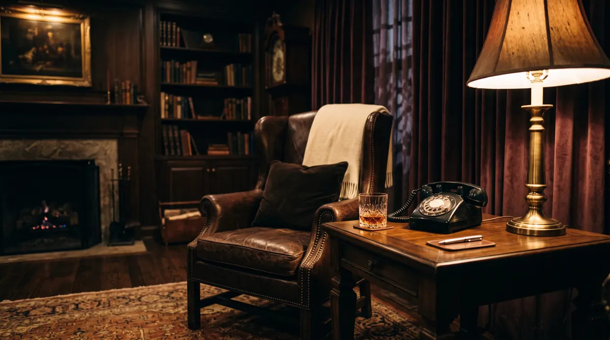 Salon sombre, fauteuil et téléphone sous une lampe