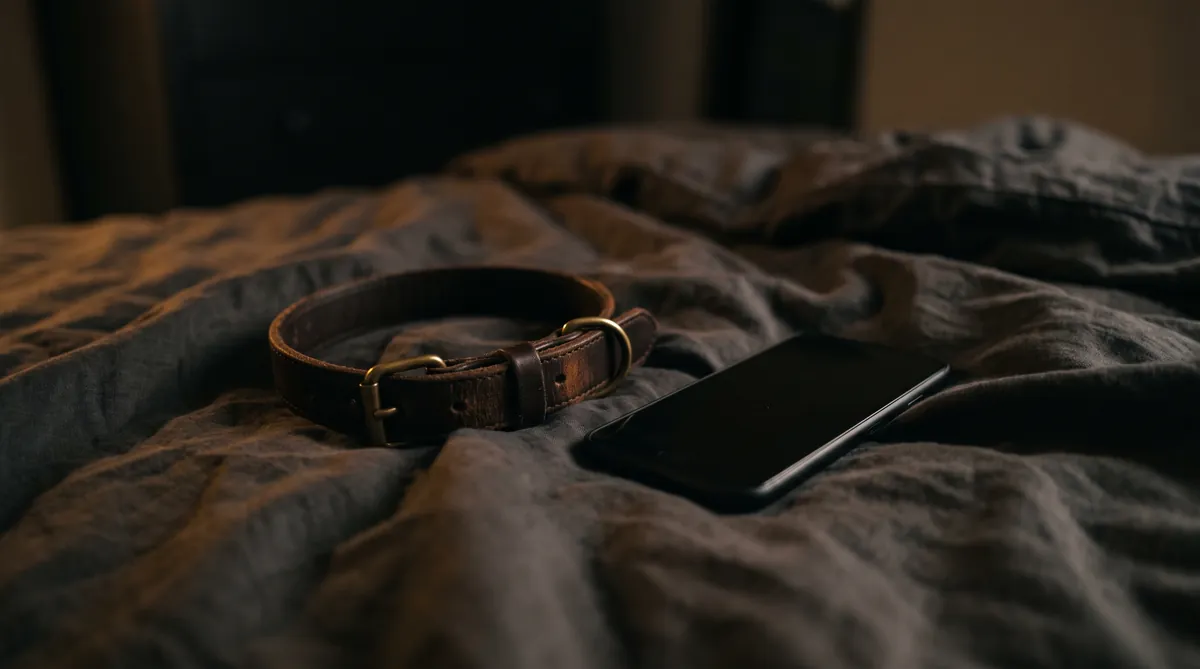 Collier de cuir et téléphone sur des draps sombres